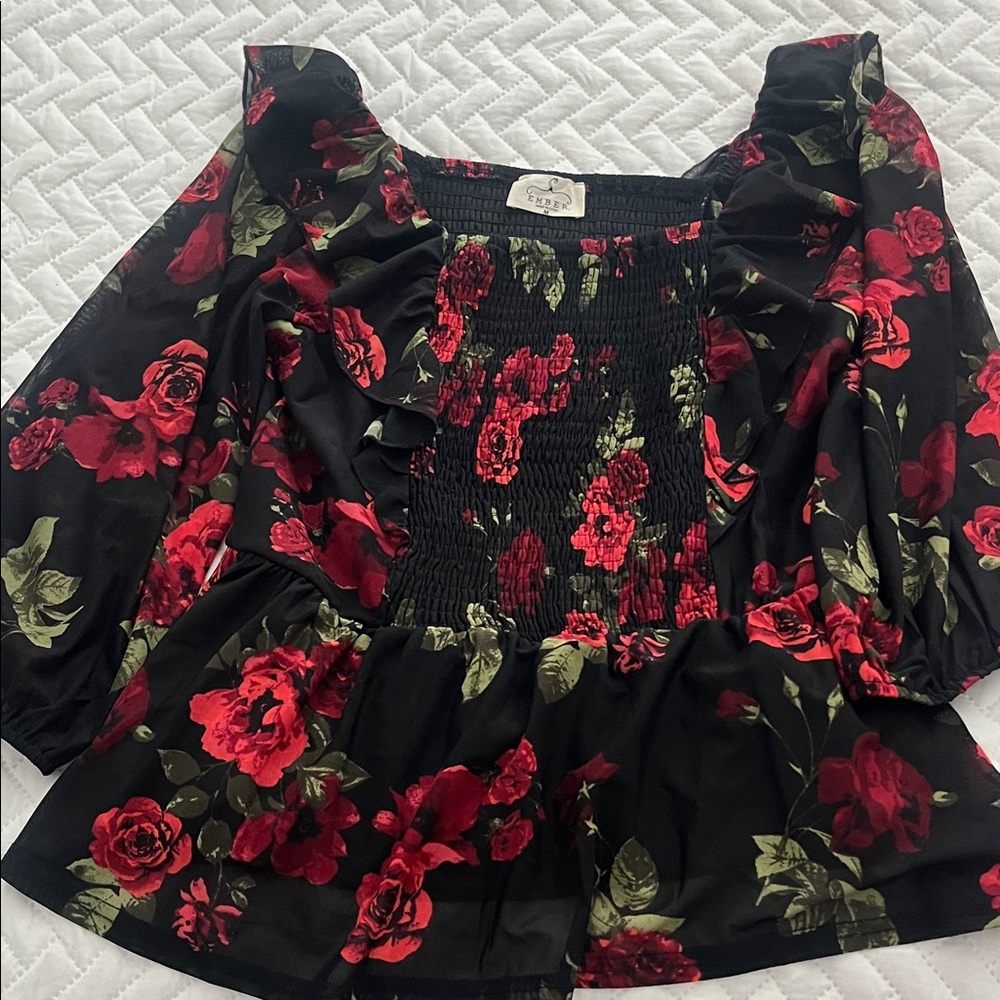 Ember Floral Black and Red Women's Top Sz M